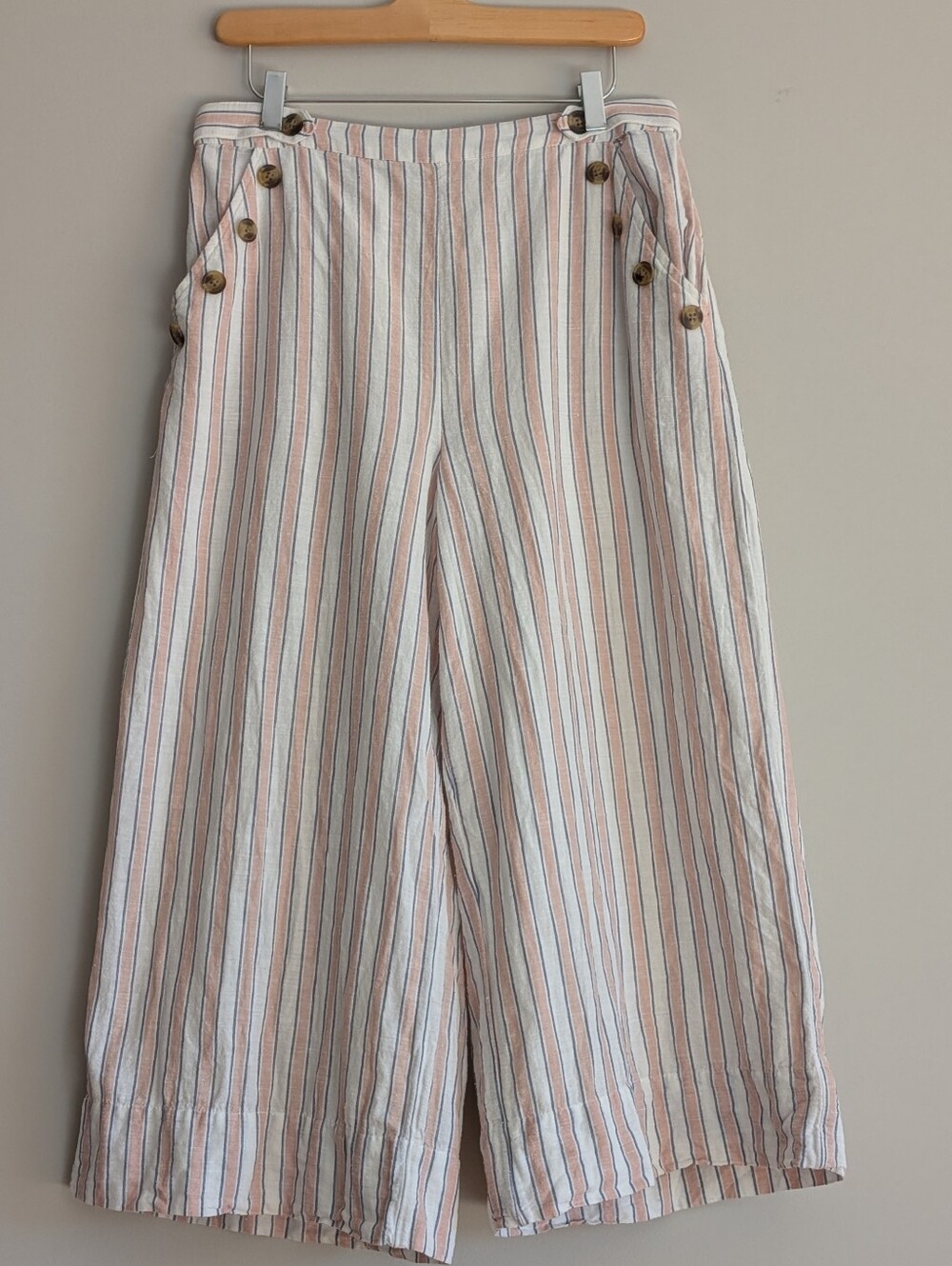 American Eagle Linen Cotton Striped Cropped Wide Leg Pants L Lagenlook Culottes